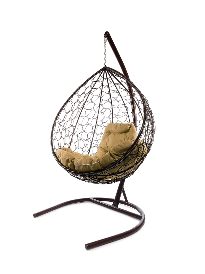 Подвесное кресло КАПЛЯ с ротангом коричн, бежевая подушка, шт