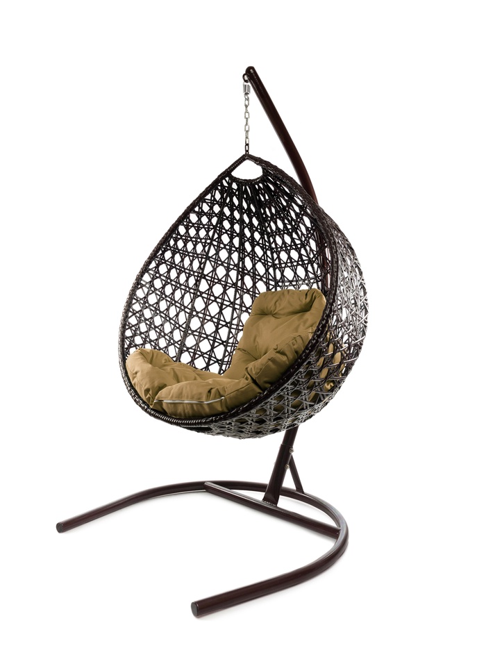 Подвесное кресло КАПЛЯ ЛЮКС с ротангом коричневое, бежевая подушка